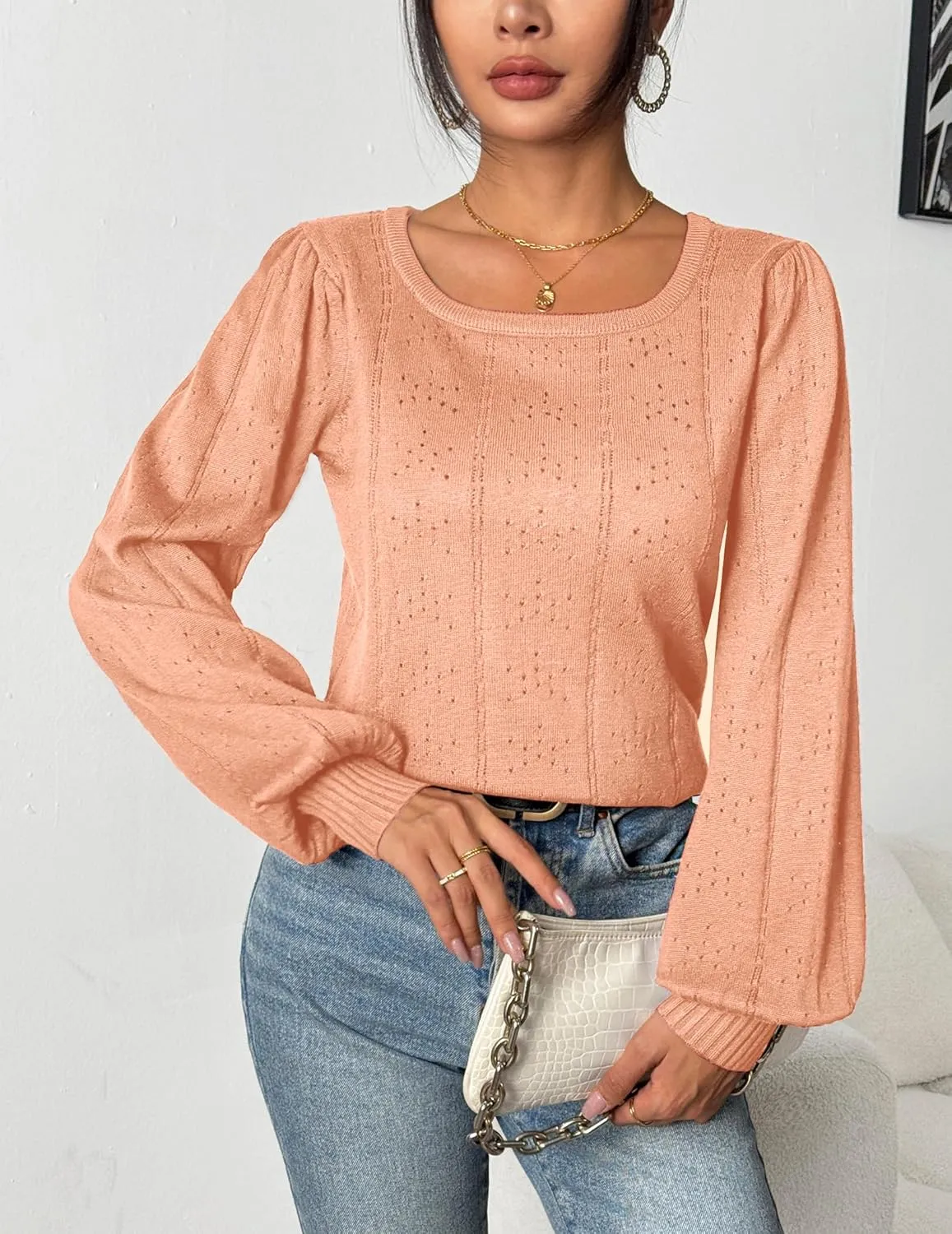 HOTOUCH Womens Puff Sleeve Tops Spring Summer 2025 Trendy Casual Knit Sweaters Square Neck Cute Tunic Pullover Blouses Shirts