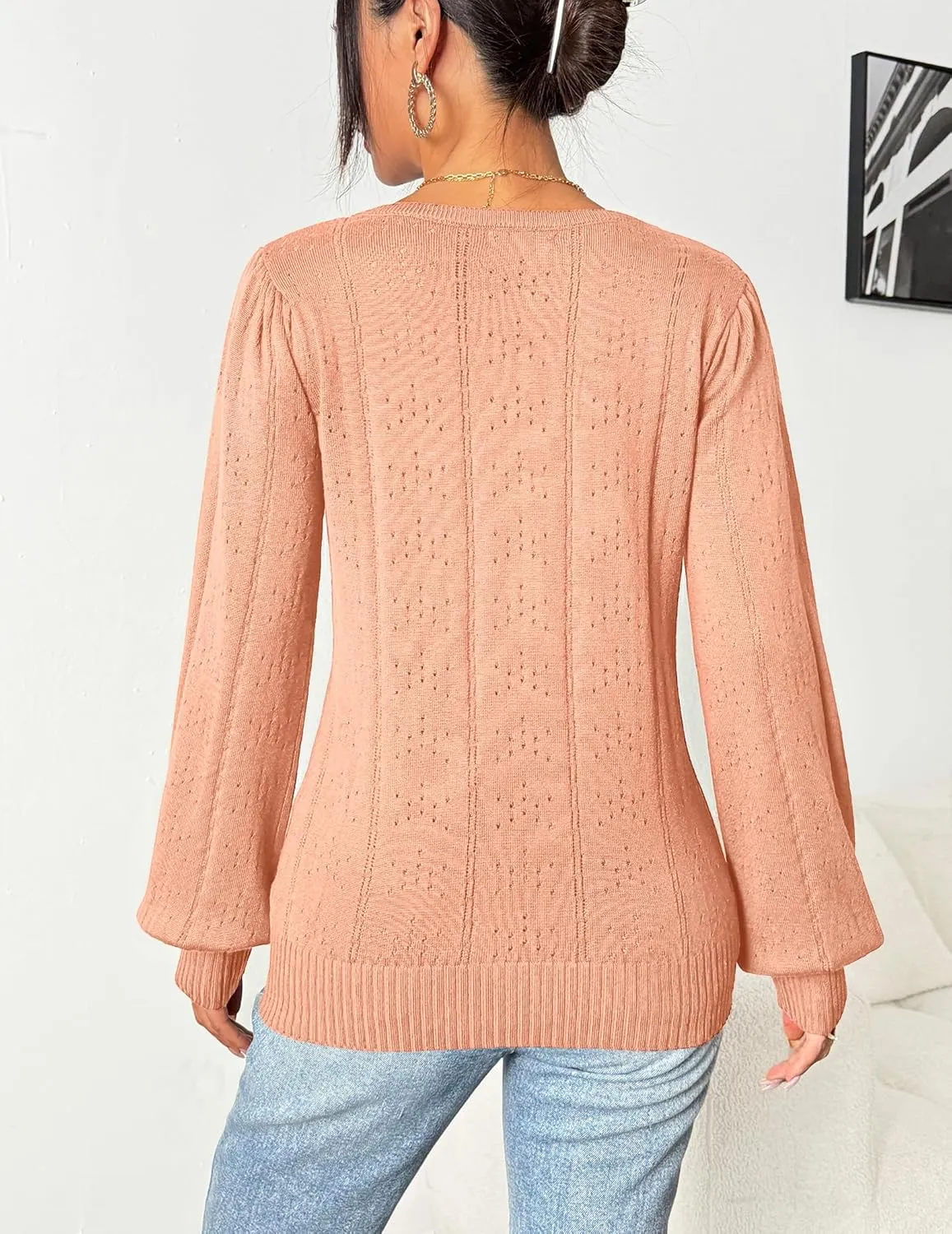 HOTOUCH Womens Puff Sleeve Tops Spring Summer 2025 Trendy Casual Knit Sweaters Square Neck Cute Tunic Pullover Blouses Shirts
