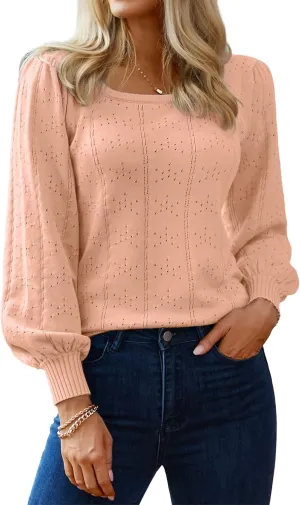 HOTOUCH Womens Puff Sleeve Tops Spring Summer 2025 Trendy Casual Knit Sweaters Square Neck Cute Tunic Pullover Blouses Shirts