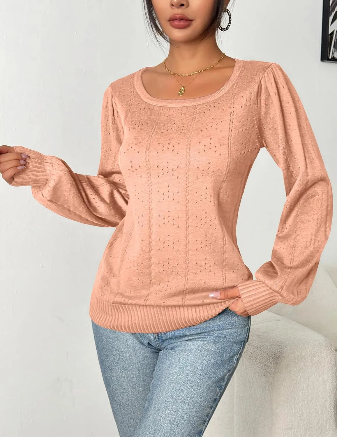 HOTOUCH Womens Puff Sleeve Tops Spring Summer 2025 Trendy Casual Knit Sweaters Square Neck Cute Tunic Pullover Blouses Shirts