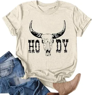 Howdy Shirt Women Cow Skull Shirt Western Country T Shirts Vintage Cowgirl Shirts Casual Short Sleeve Tee Tops