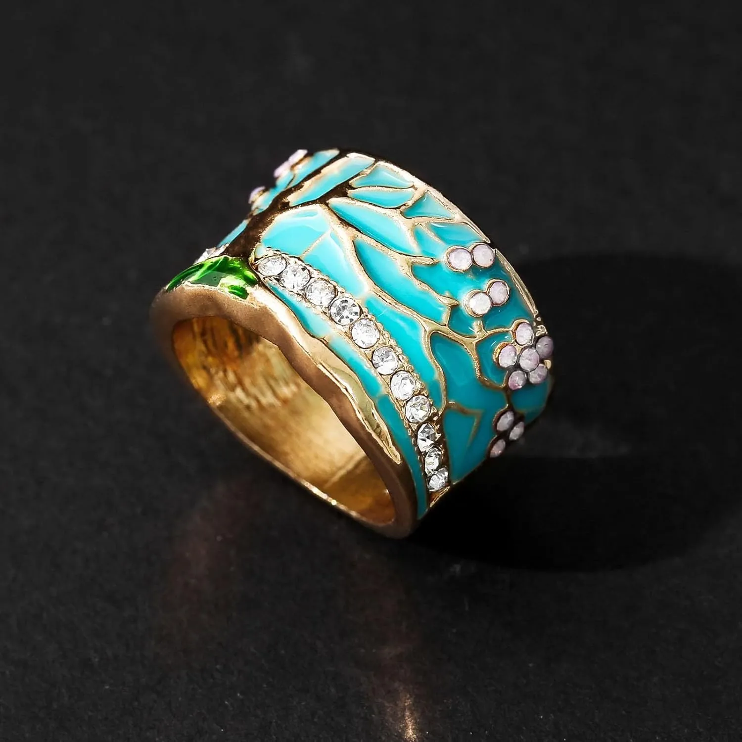 HUASAI Boho Statement Ring Lucky Tree Wide Band Ring Enamel Resin Ring Flower Band Ring Chunky Thumb Ring Statement Finger Ring Dainty Tree Rhinestone Ring Birthday Gift