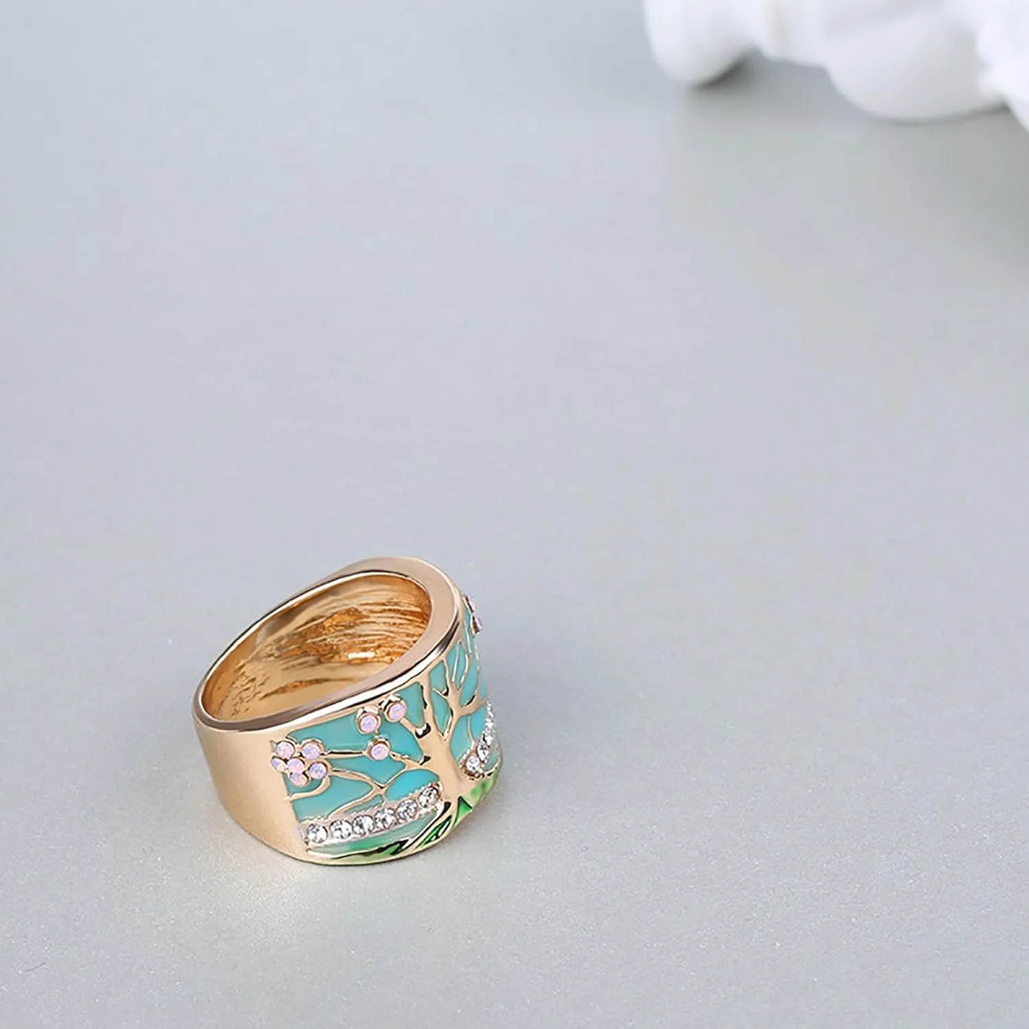 HUASAI Boho Statement Ring Lucky Tree Wide Band Ring Enamel Resin Ring Flower Band Ring Chunky Thumb Ring Statement Finger Ring Dainty Tree Rhinestone Ring Birthday Gift