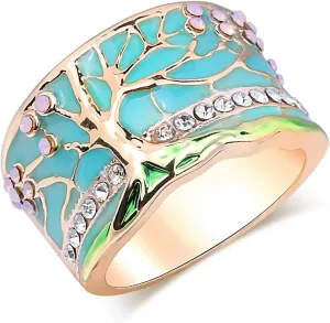 HUASAI Boho Statement Ring Lucky Tree Wide Band Ring Enamel Resin Ring Flower Band Ring Chunky Thumb Ring Statement Finger Ring Dainty Tree Rhinestone Ring Birthday Gift