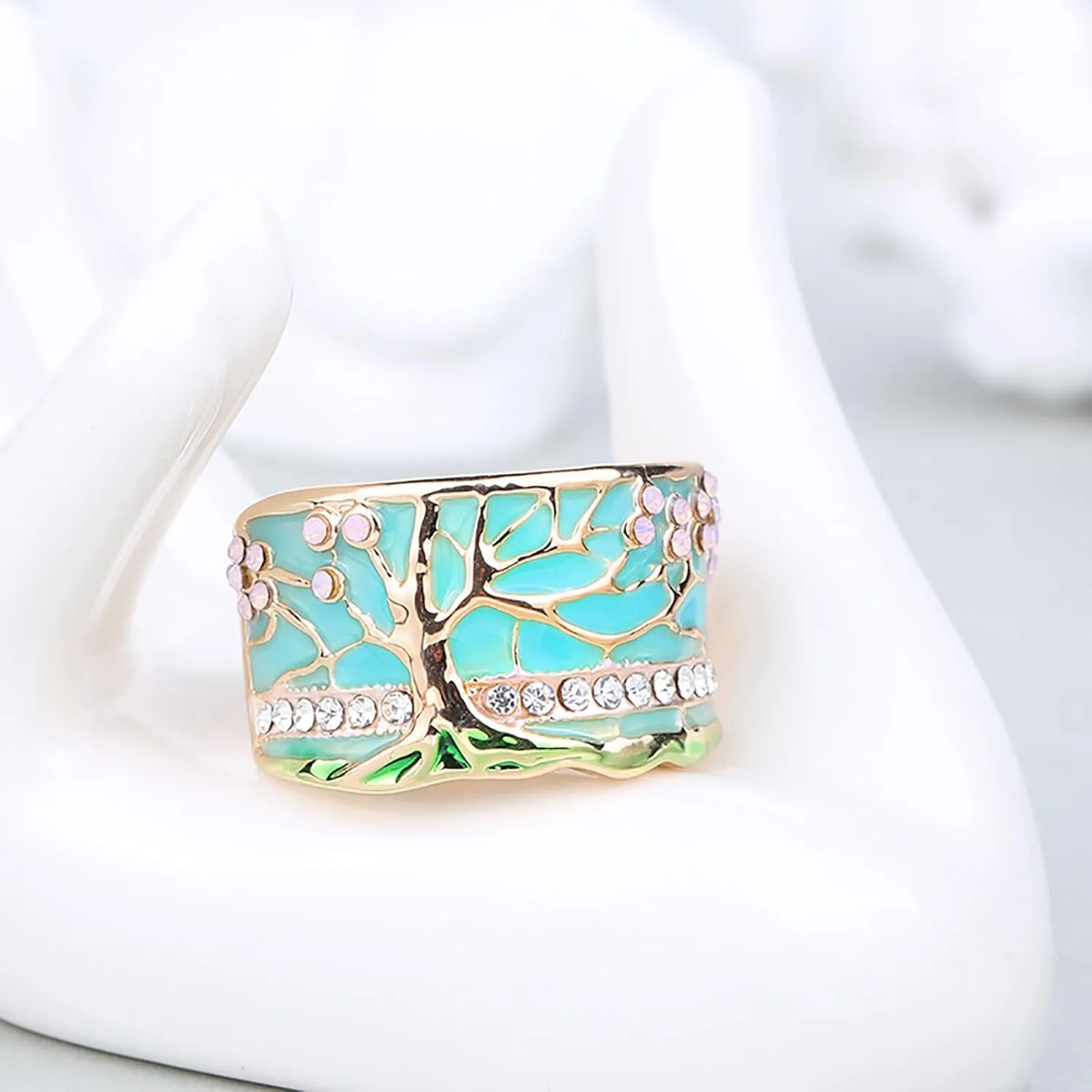 HUASAI Boho Statement Ring Lucky Tree Wide Band Ring Enamel Resin Ring Flower Band Ring Chunky Thumb Ring Statement Finger Ring Dainty Tree Rhinestone Ring Birthday Gift