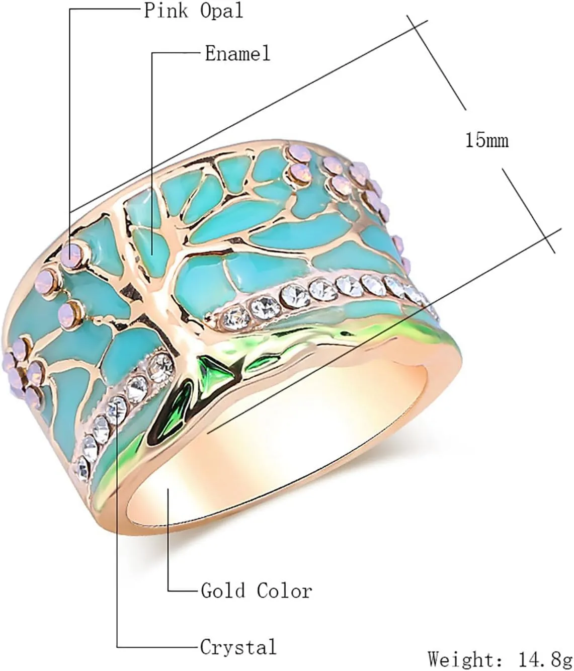 HUASAI Boho Statement Ring Lucky Tree Wide Band Ring Enamel Resin Ring Flower Band Ring Chunky Thumb Ring Statement Finger Ring Dainty Tree Rhinestone Ring Birthday Gift