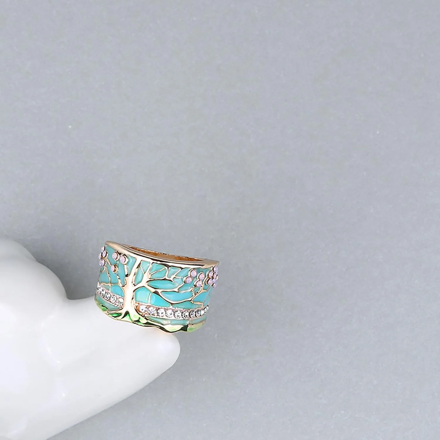 HUASAI Boho Statement Ring Lucky Tree Wide Band Ring Enamel Resin Ring Flower Band Ring Chunky Thumb Ring Statement Finger Ring Dainty Tree Rhinestone Ring Birthday Gift