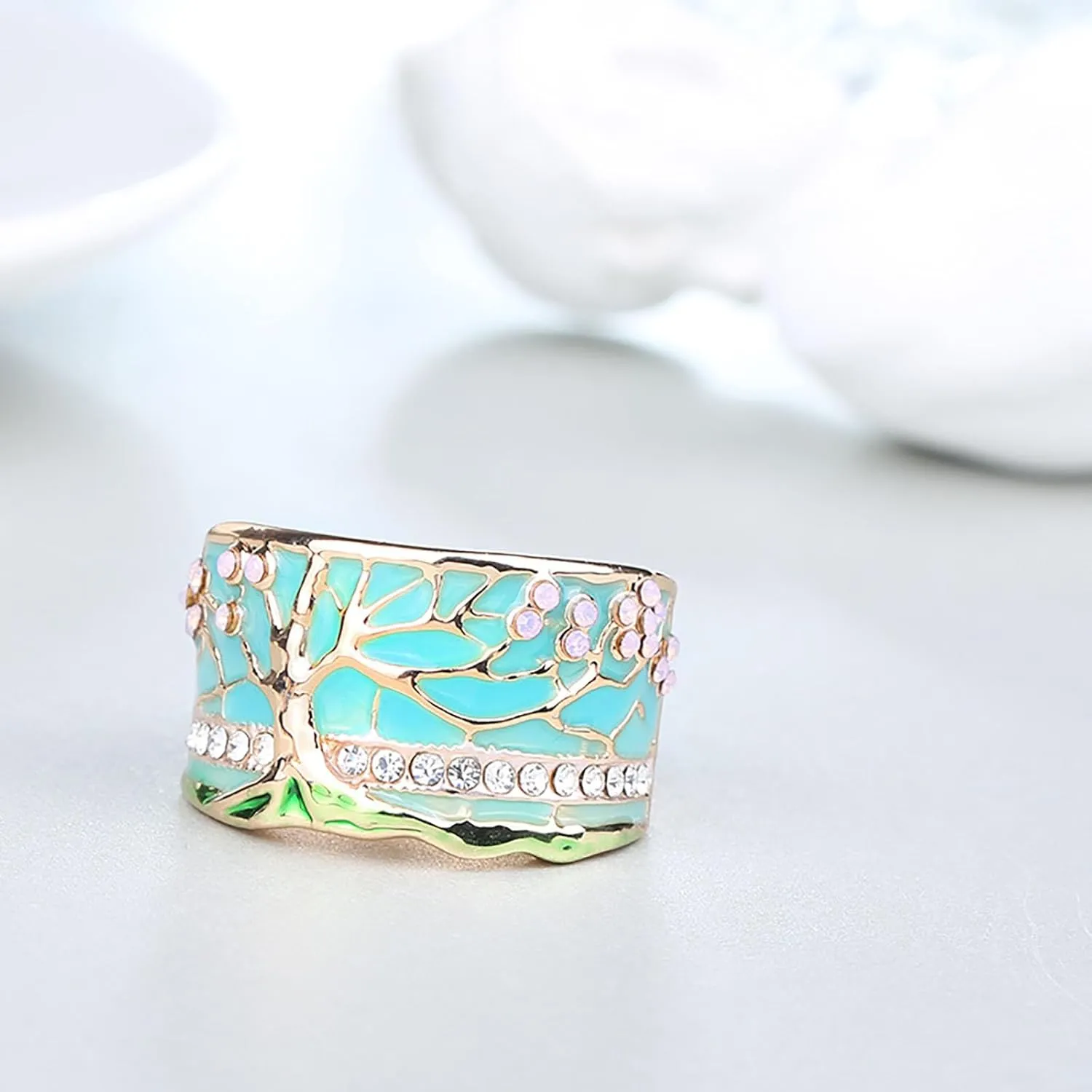 HUASAI Boho Statement Ring Lucky Tree Wide Band Ring Enamel Resin Ring Flower Band Ring Chunky Thumb Ring Statement Finger Ring Dainty Tree Rhinestone Ring Birthday Gift