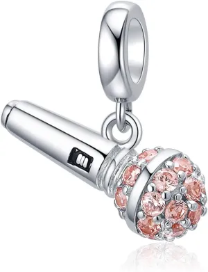 I Love Music Microphone Voice Charms 925 Sterling Silver Champagne Crystal Pendants fit Pandora Bracelet Necklace (Microphone Voice Charms)