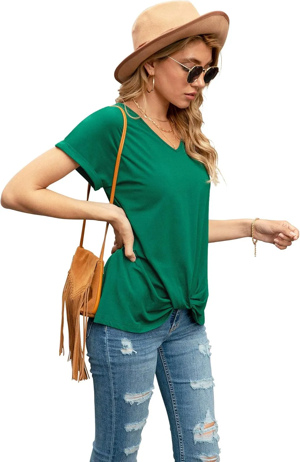 Iandroiy Women's Comfy Casual Summer Tops Short Sleeve V Neck Blouses T Shirts Twist Knot Tees