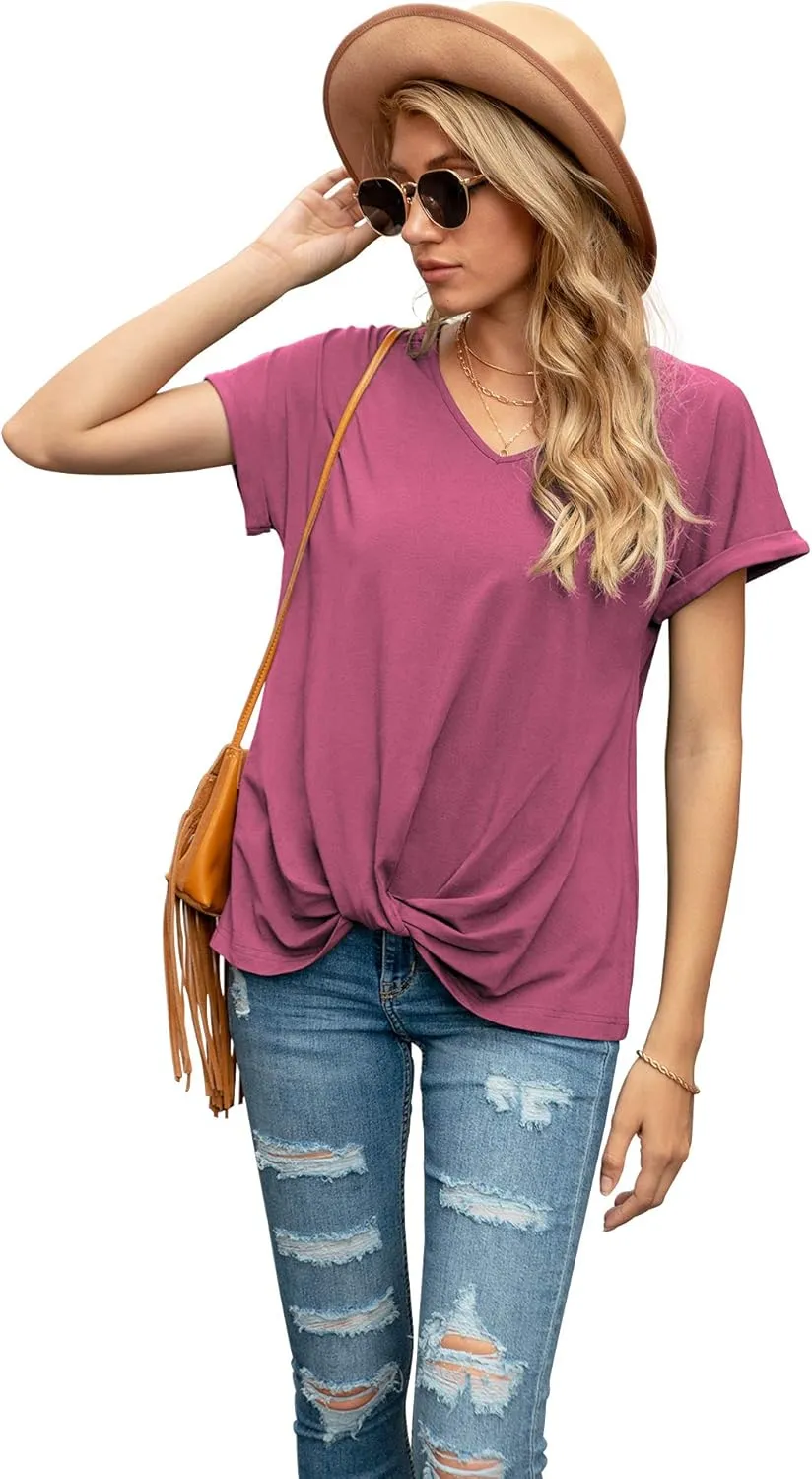 Iandroiy Women's Comfy Casual Summer Tops Short Sleeve V Neck Blouses T Shirts Twist Knot Tees