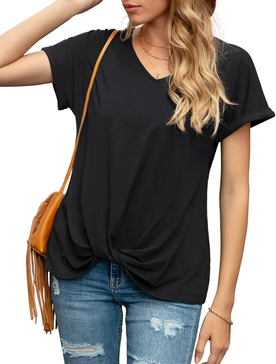 Iandroiy Women's Comfy Casual Summer Tops Short Sleeve V Neck Blouses T Shirts Twist Knot Tees