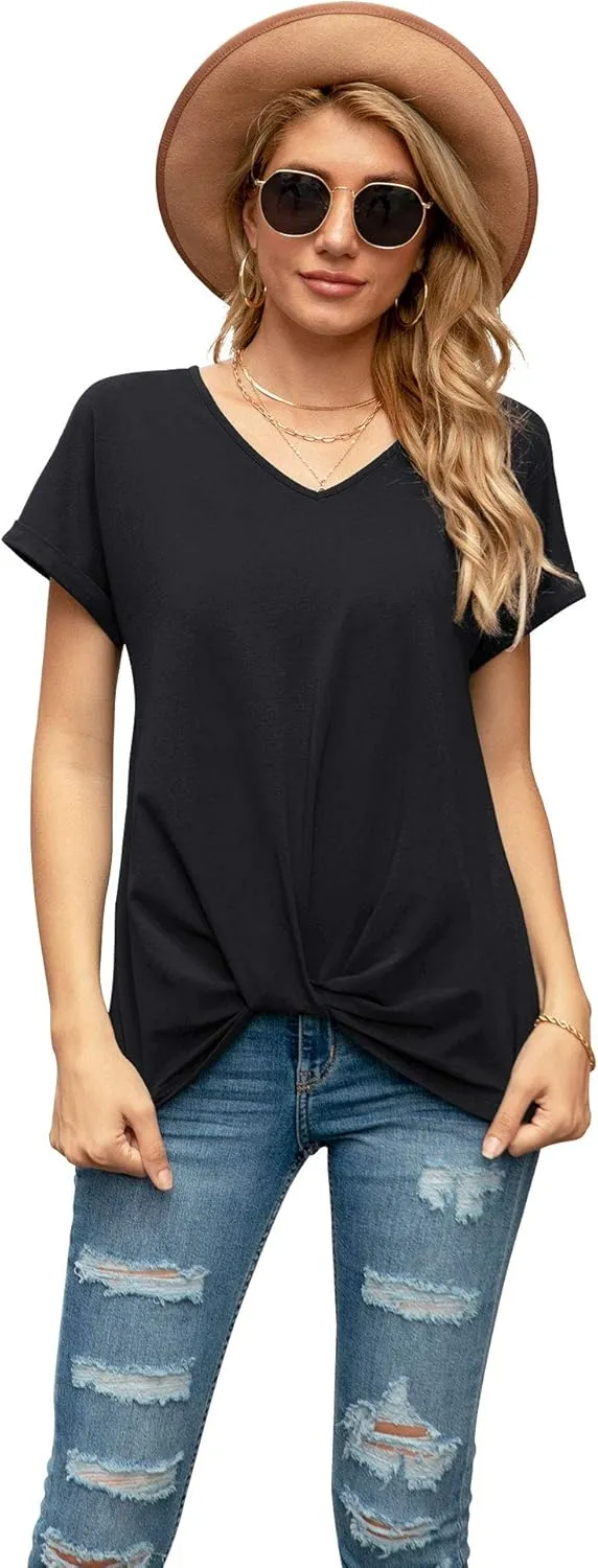 Iandroiy Women's Comfy Casual Summer Tops Short Sleeve V Neck Blouses T Shirts Twist Knot Tees