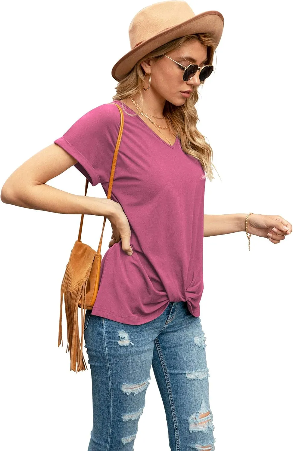 Iandroiy Women's Comfy Casual Summer Tops Short Sleeve V Neck Blouses T Shirts Twist Knot Tees
