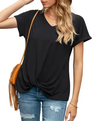 Iandroiy Women's Comfy Casual Summer Tops Short Sleeve V Neck Blouses T Shirts Twist Knot Tees