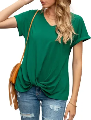 Iandroiy Women's Comfy Casual Summer Tops Short Sleeve V Neck Blouses T Shirts Twist Knot Tees