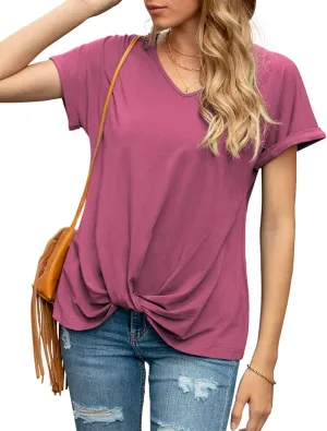 Iandroiy Women's Comfy Casual Summer Tops Short Sleeve V Neck Blouses T Shirts Twist Knot Tees