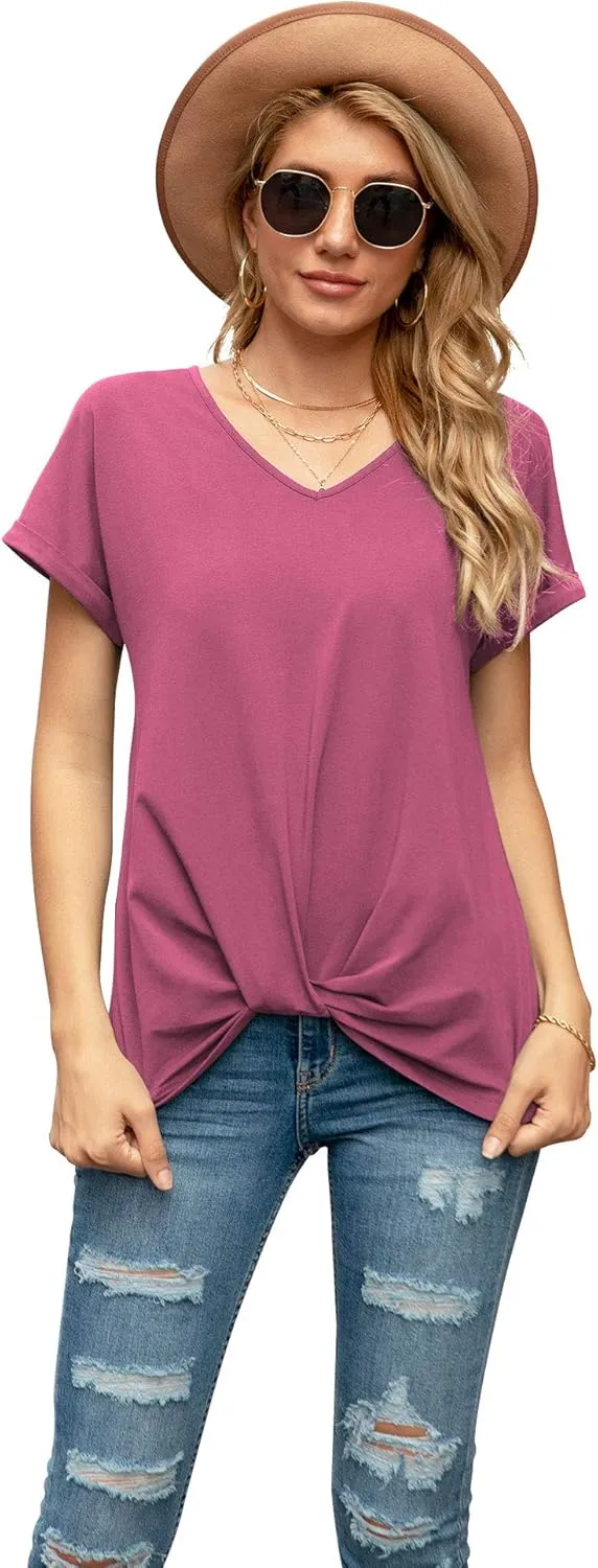 Iandroiy Women's Comfy Casual Summer Tops Short Sleeve V Neck Blouses T Shirts Twist Knot Tees