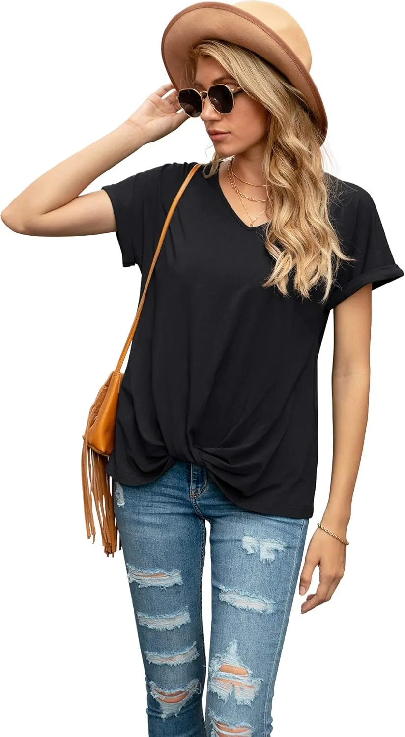 Iandroiy Women's Comfy Casual Summer Tops Short Sleeve V Neck Blouses T Shirts Twist Knot Tees
