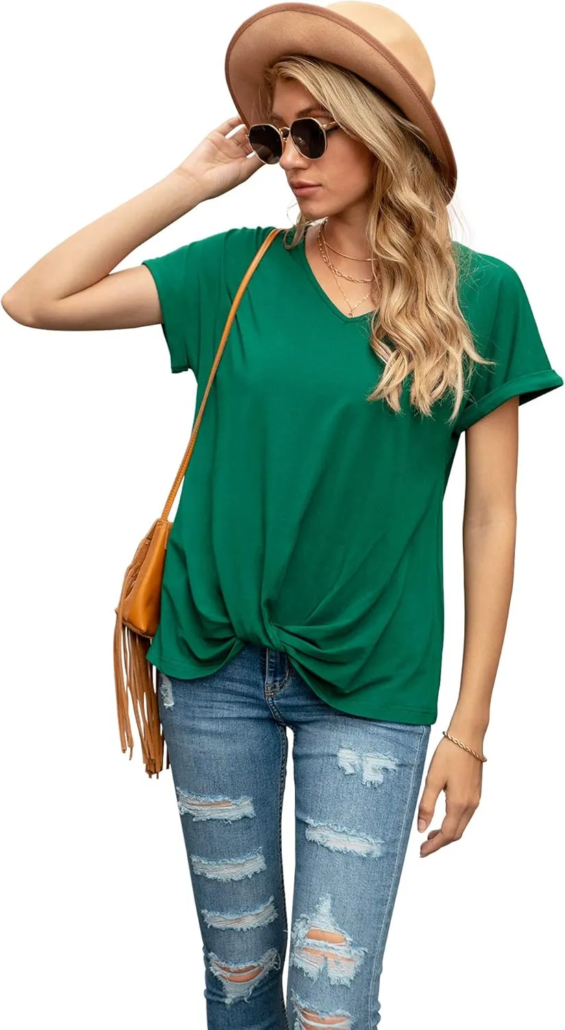 Iandroiy Women's Comfy Casual Summer Tops Short Sleeve V Neck Blouses T Shirts Twist Knot Tees