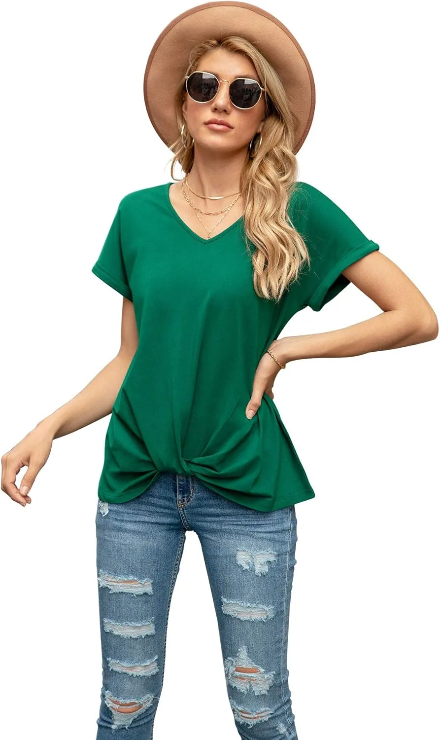 Iandroiy Women's Comfy Casual Summer Tops Short Sleeve V Neck Blouses T Shirts Twist Knot Tees