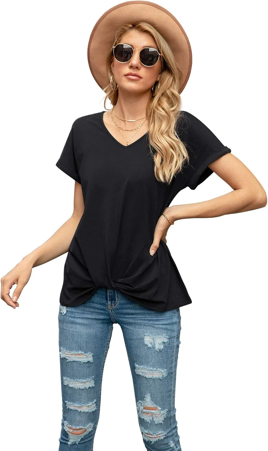 Iandroiy Women's Comfy Casual Summer Tops Short Sleeve V Neck Blouses T Shirts Twist Knot Tees