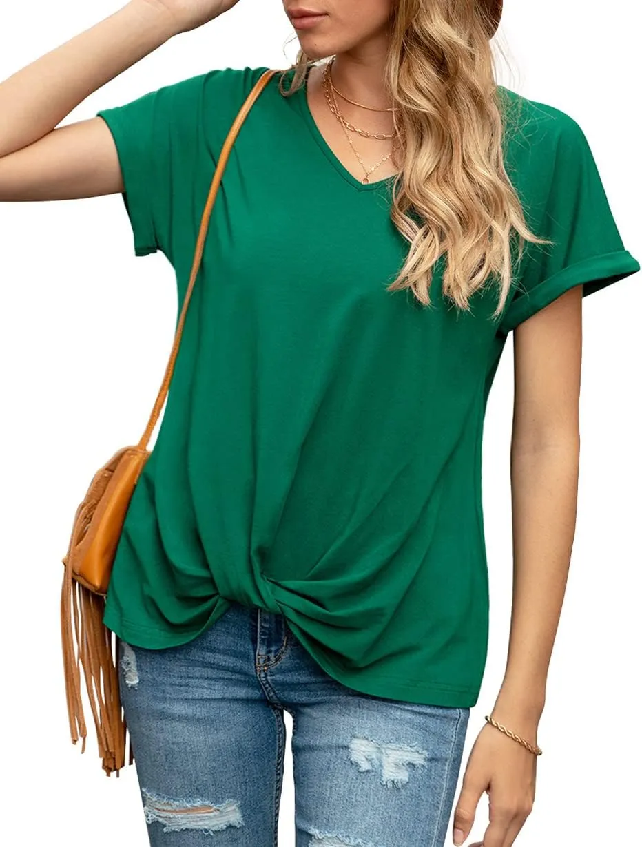 Iandroiy Women's Comfy Casual Summer Tops Short Sleeve V Neck Blouses T Shirts Twist Knot Tees