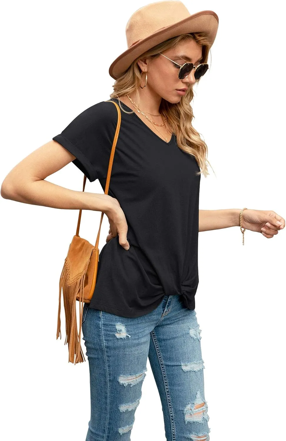 Iandroiy Women's Comfy Casual Summer Tops Short Sleeve V Neck Blouses T Shirts Twist Knot Tees