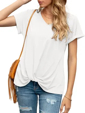 Iandroiy Women's Comfy Casual Summer Tops Short Sleeve V Neck Blouses T Shirts Twist Knot Tees