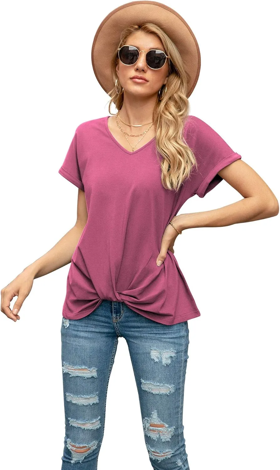 Iandroiy Women's Comfy Casual Summer Tops Short Sleeve V Neck Blouses T Shirts Twist Knot Tees