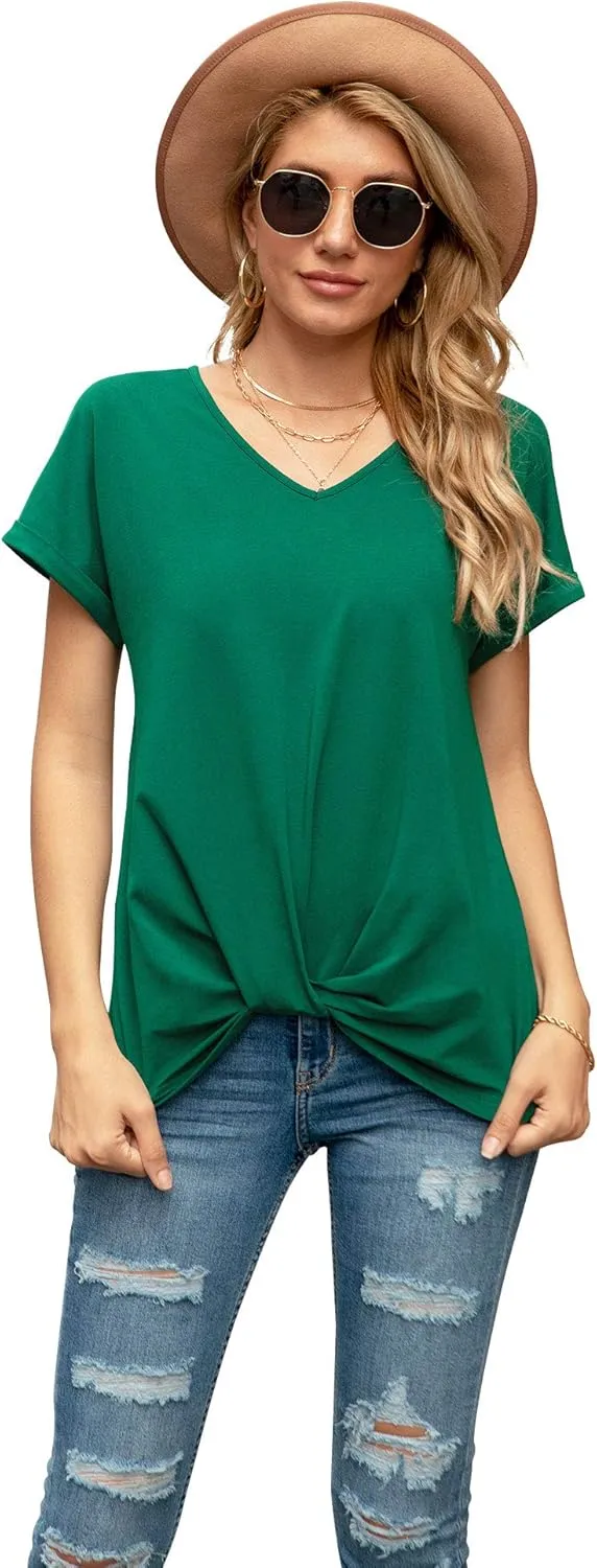 Iandroiy Women's Comfy Casual Summer Tops Short Sleeve V Neck Blouses T Shirts Twist Knot Tees