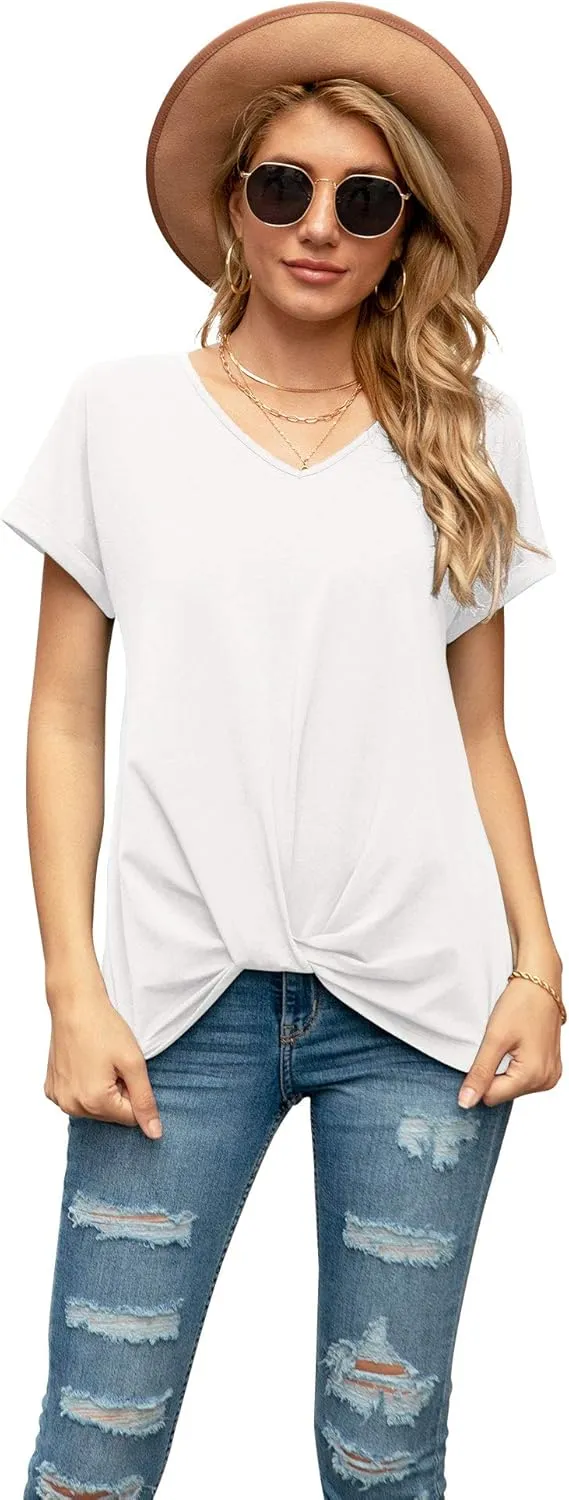 Iandroiy Women's Comfy Casual Summer Tops Short Sleeve V Neck Blouses T Shirts Twist Knot Tees