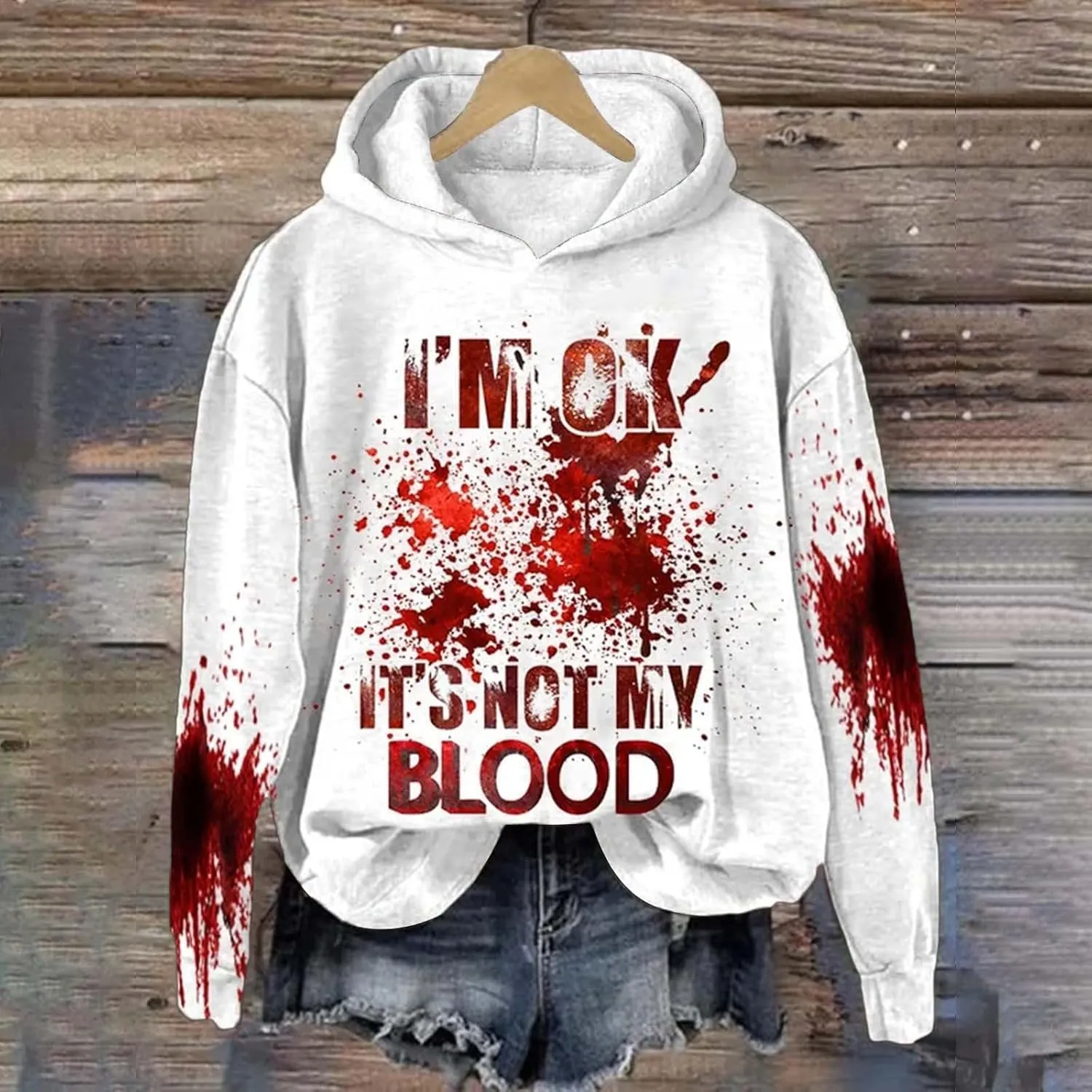 I'M Ok It's Not My Blood Sweatshirt for Women Oversized Halloween Hoodie Graphic Pullover Funny Long Sleeve Tee Top