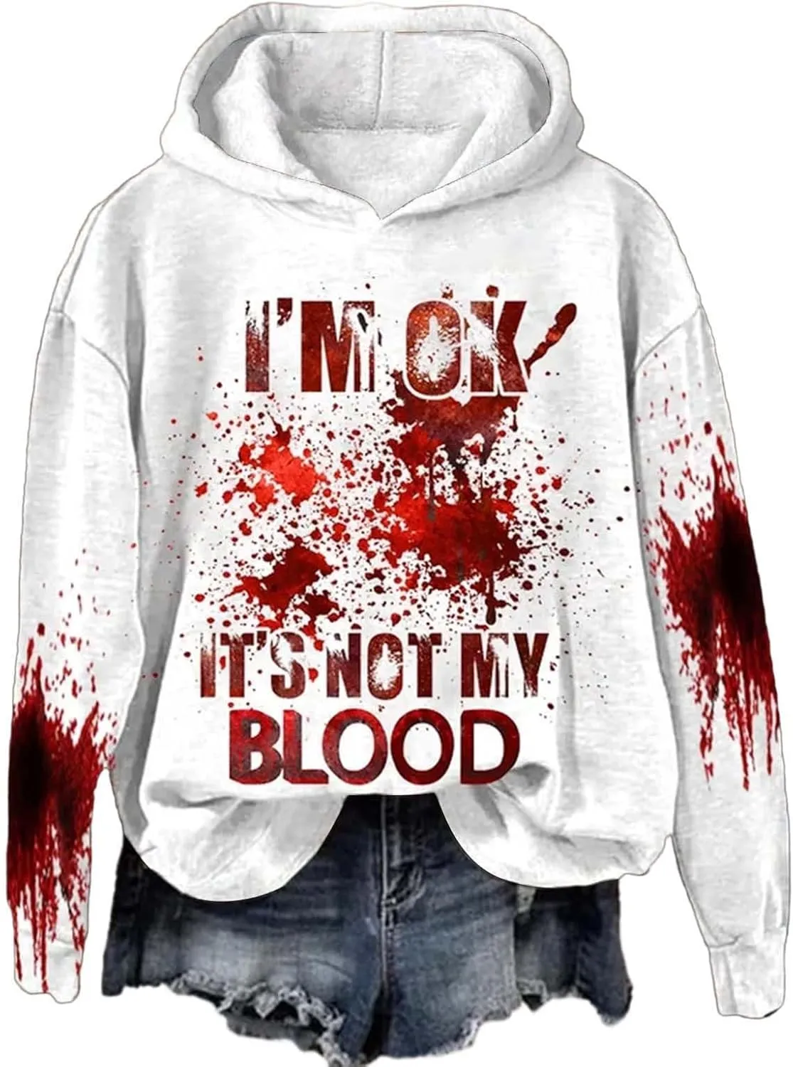 I'M Ok It's Not My Blood Sweatshirt for Women Oversized Halloween Hoodie Graphic Pullover Funny Long Sleeve Tee Top
