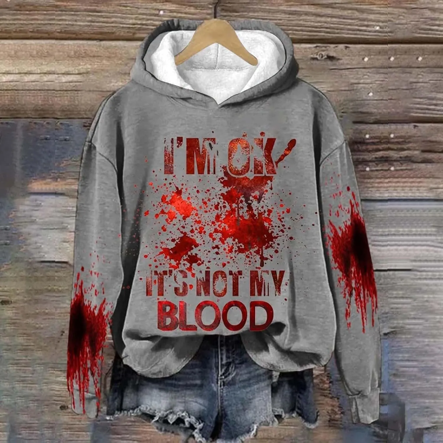 I'M Ok It's Not My Blood Sweatshirt for Women Oversized Halloween Hoodie Graphic Pullover Funny Long Sleeve Tee Top