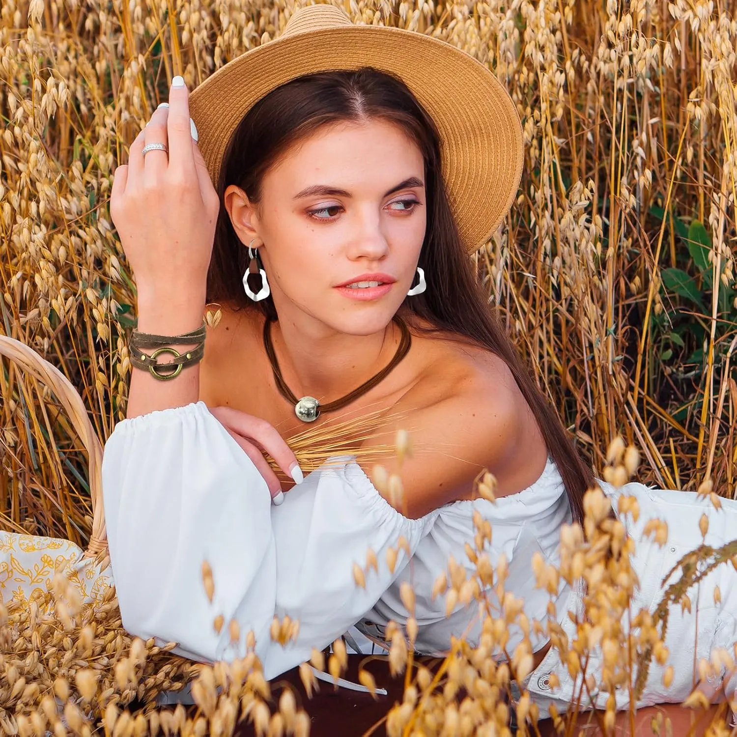 Inbagi 3 Pcs Western Jewelry for Women Bohemian Set, Boho Pendant Long Choker, Faux Leather Layered Bracelet, Dangle Earrings
