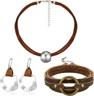 Inbagi 3 Pcs Western Jewelry for Women Bohemian Set, Boho Pendant Long Choker, Faux Leather Layered Bracelet, Dangle Earrings