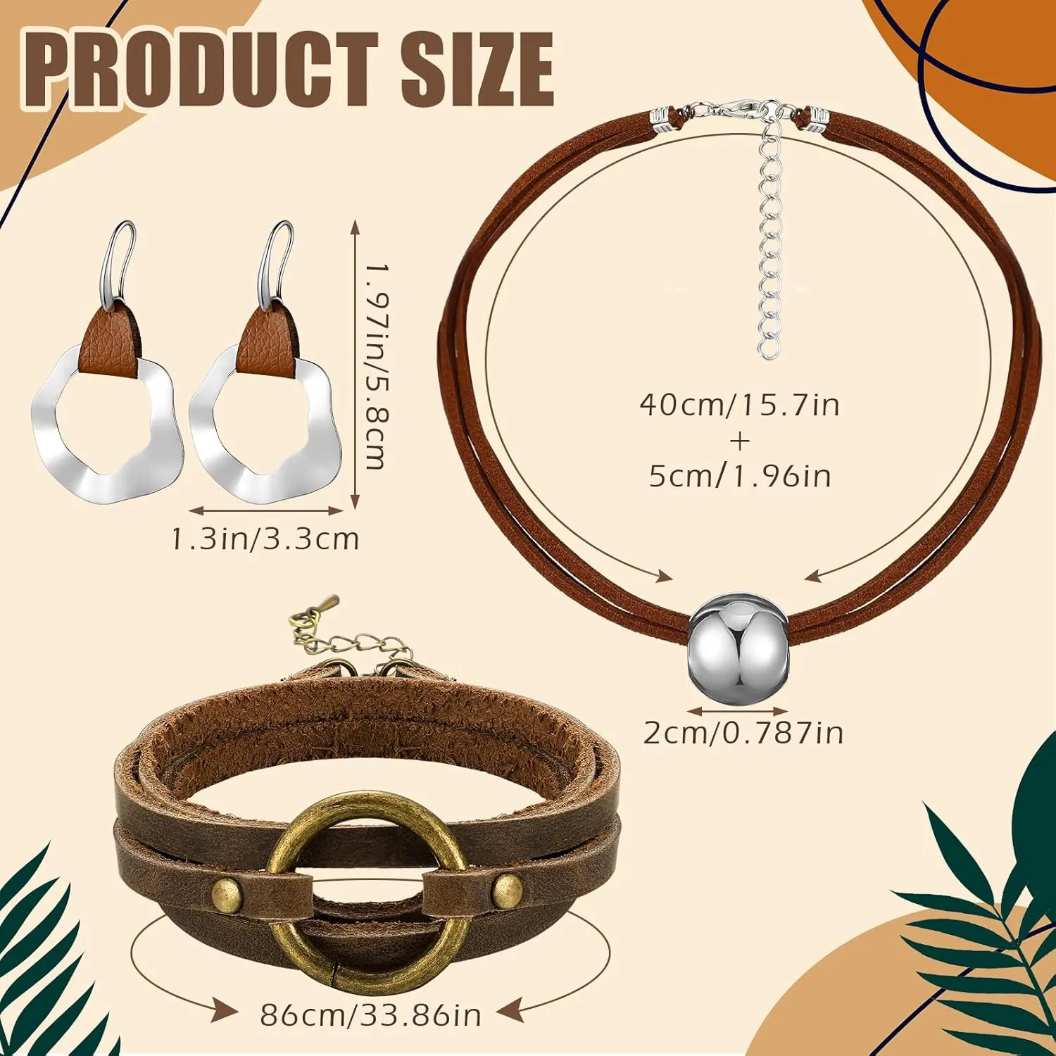Inbagi 3 Pcs Western Jewelry for Women Bohemian Set, Boho Pendant Long Choker, Faux Leather Layered Bracelet, Dangle Earrings