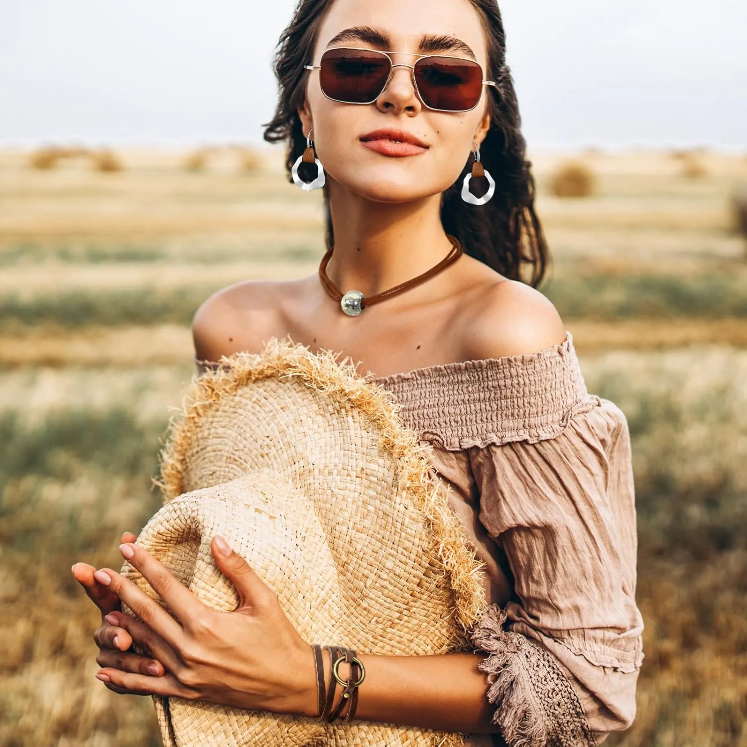 Inbagi 3 Pcs Western Jewelry for Women Bohemian Set, Boho Pendant Long Choker, Faux Leather Layered Bracelet, Dangle Earrings