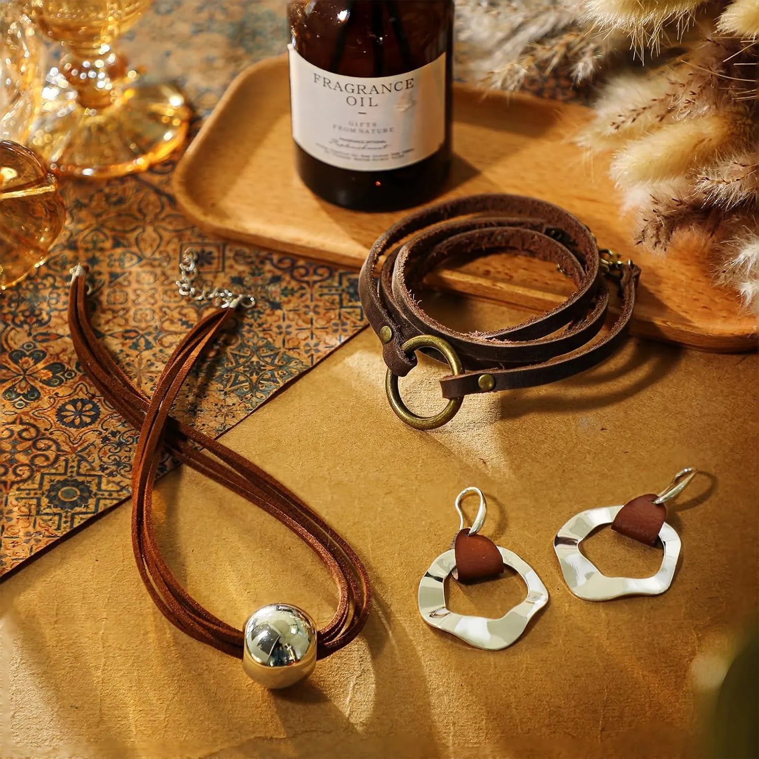 Inbagi 3 Pcs Western Jewelry for Women Bohemian Set, Boho Pendant Long Choker, Faux Leather Layered Bracelet, Dangle Earrings