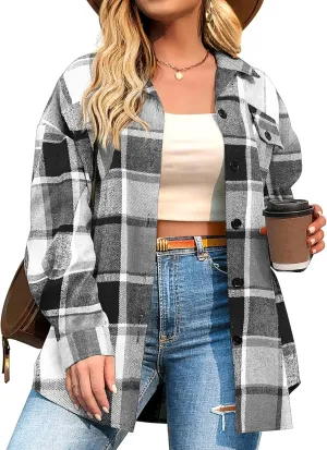 IN'VOLAND Womens Plus Size Shacket Jacket Flannel Plaid Long Sleeve Button Down Shirts Casual Fall Blouses Tops
