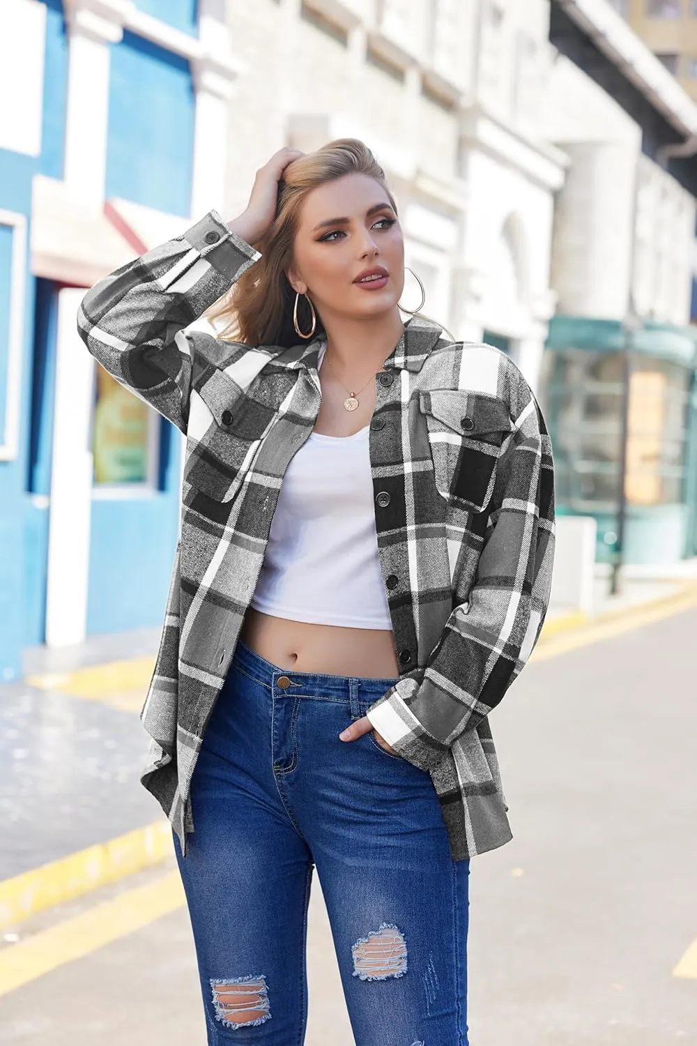 IN'VOLAND Womens Plus Size Shacket Jacket Flannel Plaid Long Sleeve Button Down Shirts Casual Fall Blouses Tops