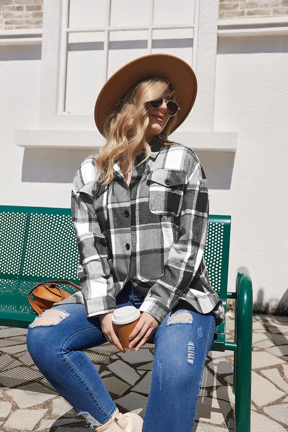 IN'VOLAND Womens Plus Size Shacket Jacket Flannel Plaid Long Sleeve Button Down Shirts Casual Fall Blouses Tops