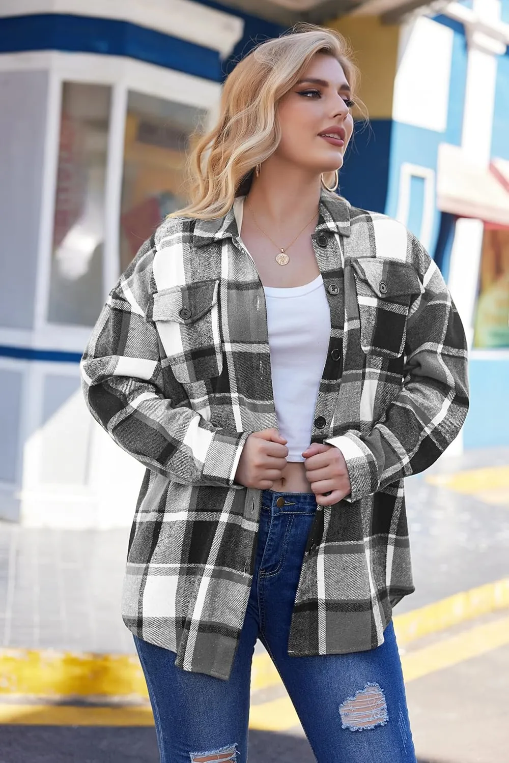 IN'VOLAND Womens Plus Size Shacket Jacket Flannel Plaid Long Sleeve Button Down Shirts Casual Fall Blouses Tops