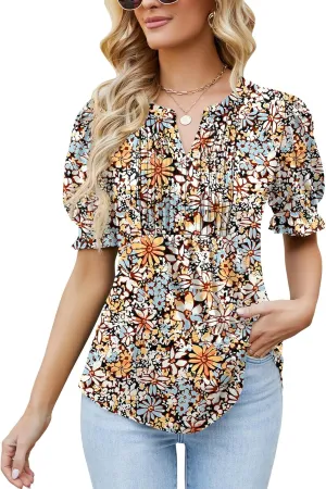 Ivicoer Women's Summer Puff Short/Long Sleeve Tops V Neck Pleated Shirts Floral Tunic Blouses Dressy Casual S-XXL