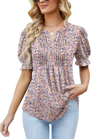 Ivicoer Women's Summer Puff Short/Long Sleeve Tops V Neck Pleated Shirts Floral Tunic Blouses Dressy Casual S-XXL