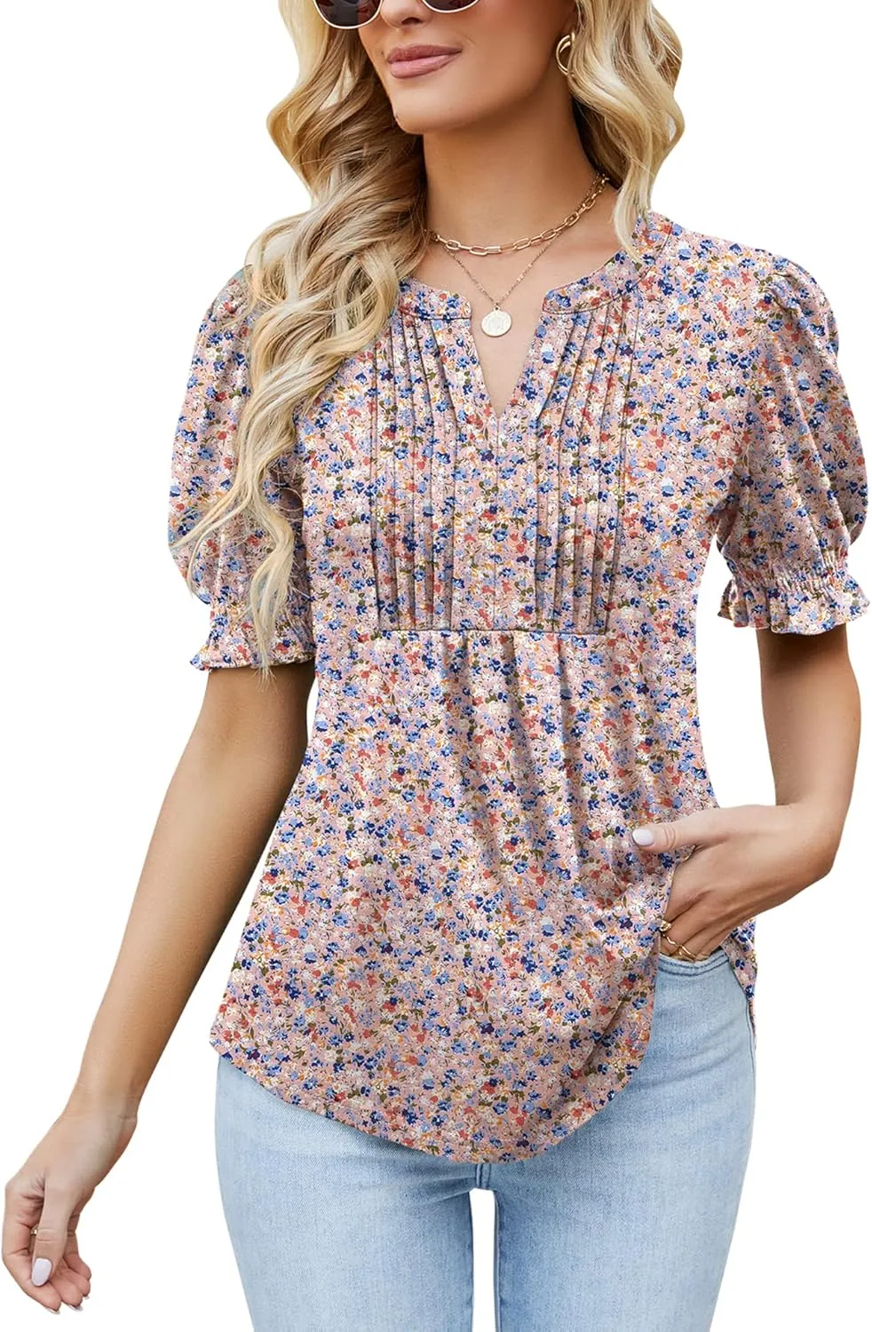 Ivicoer Women's Summer Puff Short/Long Sleeve Tops V Neck Pleated Shirts Floral Tunic Blouses Dressy Casual S-XXL