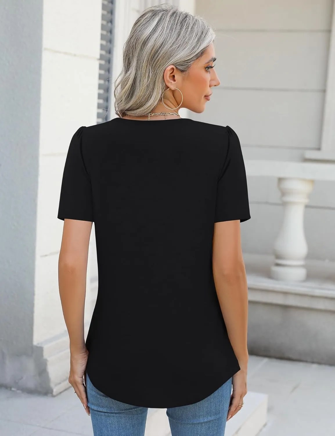 Ivicoer Womens Summer Tops Short Puff Sleeve Dressy Casual Blouses Crew Neck Pleated T Shirts Loose Fit Spring Tunic