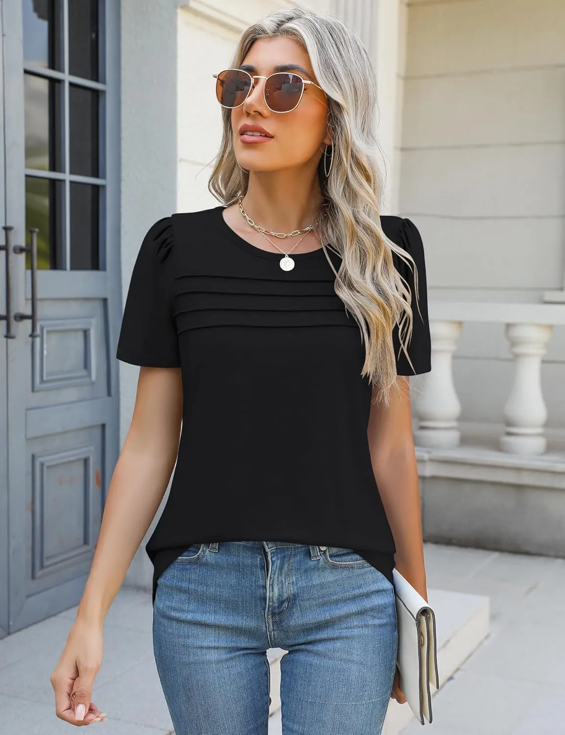 Ivicoer Womens Summer Tops Short Puff Sleeve Dressy Casual Blouses Crew Neck Pleated T Shirts Loose Fit Spring Tunic