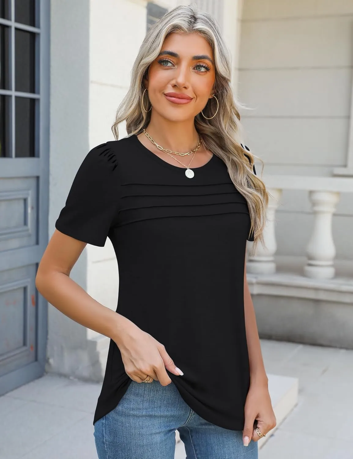 Ivicoer Womens Summer Tops Short Puff Sleeve Dressy Casual Blouses Crew Neck Pleated T Shirts Loose Fit Spring Tunic